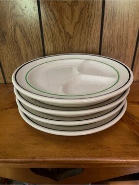White Ceramic Divided Dinner Plates with Green Rim - Set of 4